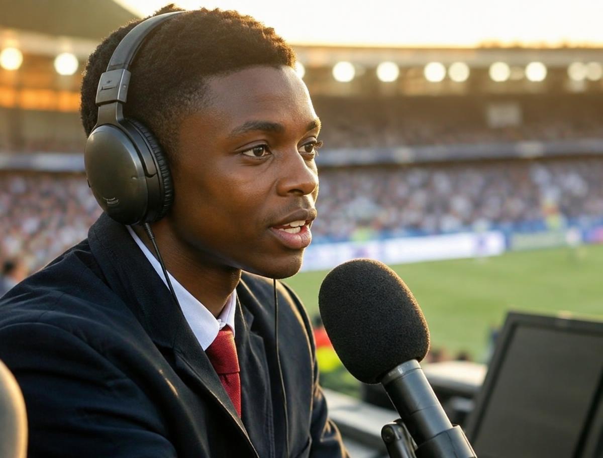 Student commentator at a pitchside desk