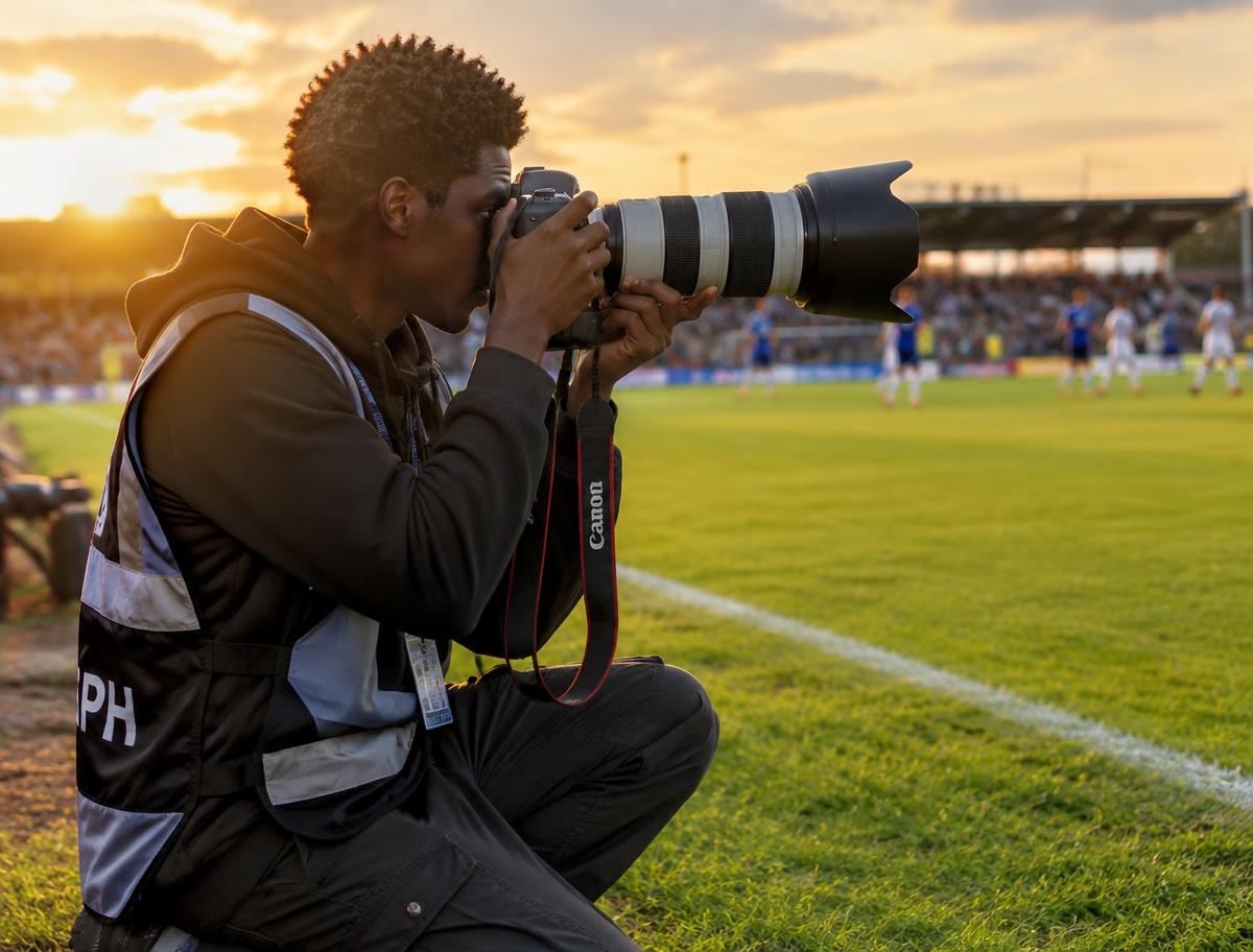 Student photographer covering a match pitchside